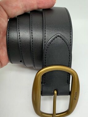 Polo by Ralph Lauren Vintage Black Leather Belt with Antique Brass Gold Buckle
